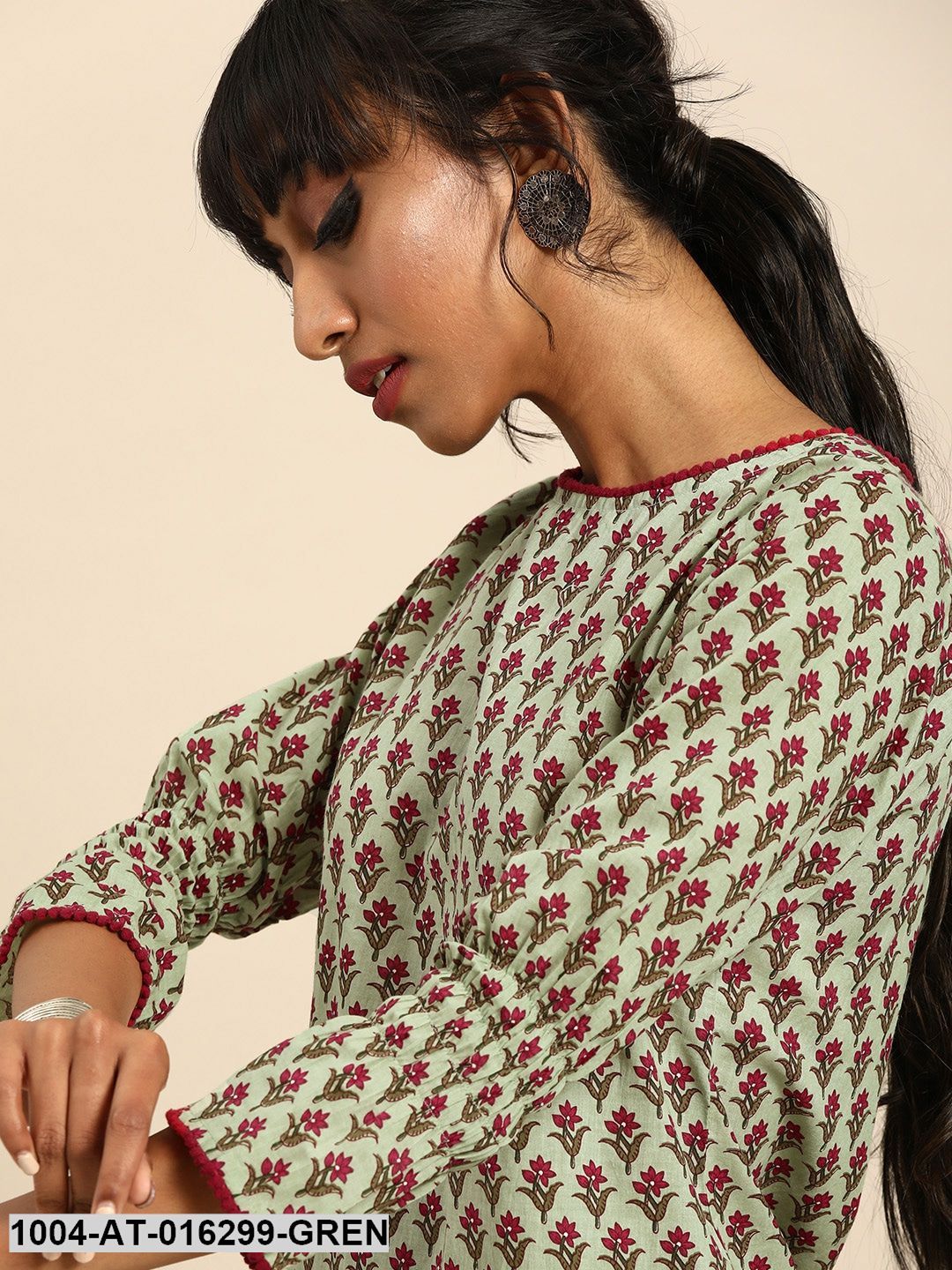 Green Three-Quarter Sleeves Straight Floral Printed Cotton Kurta