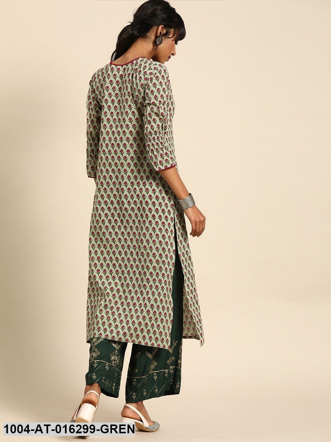 Green Three-Quarter Sleeves Straight Floral Printed Cotton Kurta