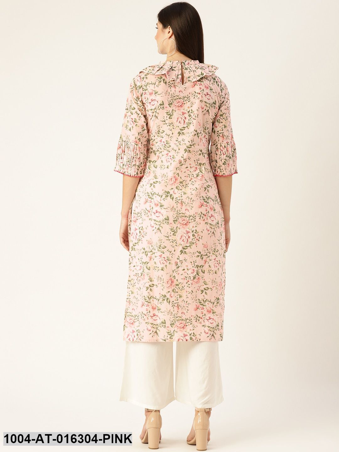 Pastel Pink Three-Quarter Sleeves Straight Floral Printed  Kurta