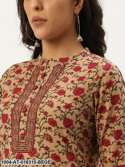 Beige Three-Quarter Sleeves Straight Floral Cotton Kurta