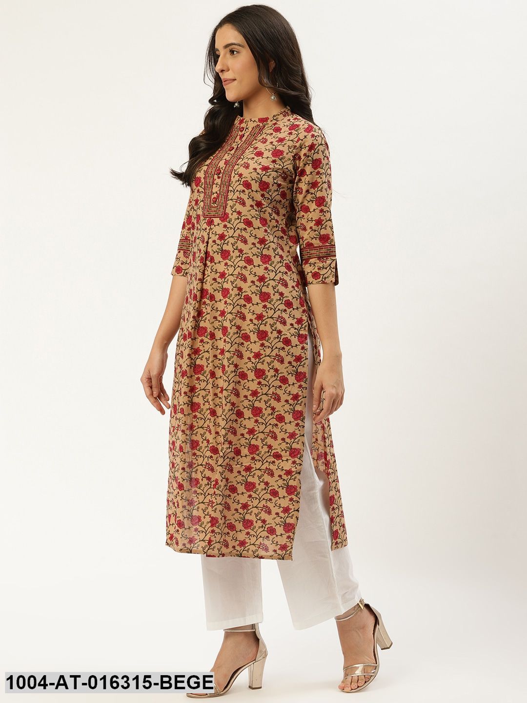 Beige Three-Quarter Sleeves Straight Floral Cotton Kurta