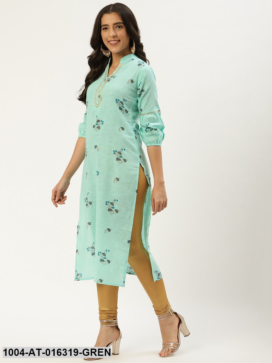 Pastel Green Three-Quarter Sleeves Straight Floral Cotton Kurta