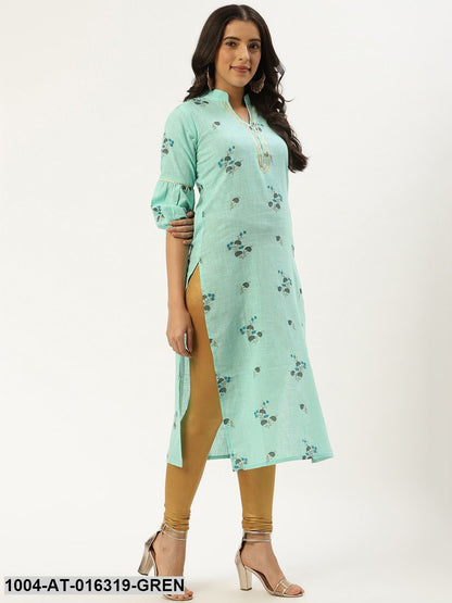 Pastel Green Three-Quarter Sleeves Straight Floral Cotton Kurta