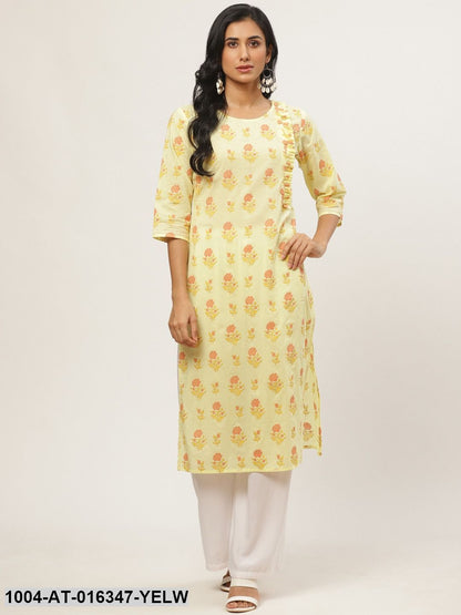 Yellow Three-Quarter Sleeves Straight Floral Yoke Design Cotton Kurta