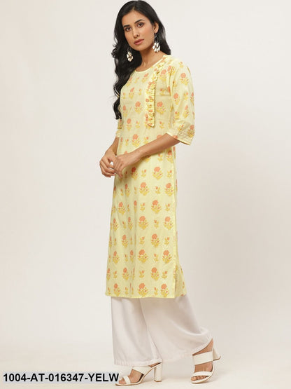 Yellow Three-Quarter Sleeves Straight Floral Yoke Design Cotton Kurta