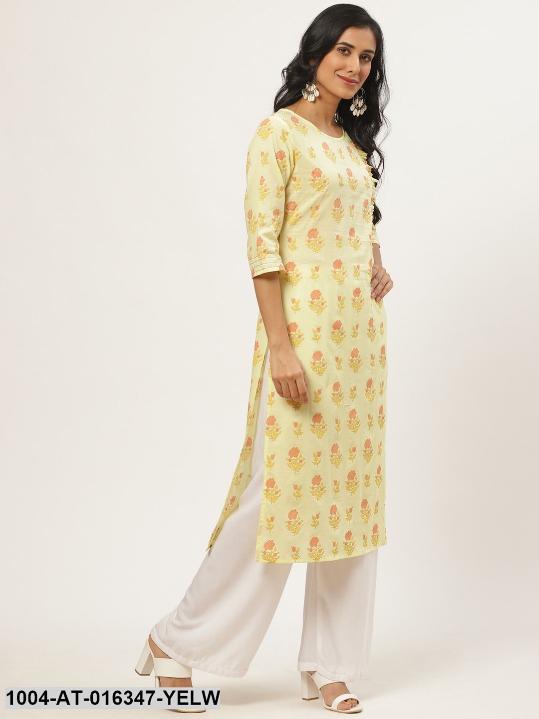 Yellow Three-Quarter Sleeves Straight Floral Yoke Design Cotton Kurta