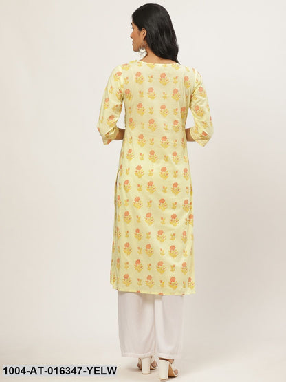 Yellow Three-Quarter Sleeves Straight Floral Yoke Design Cotton Kurta