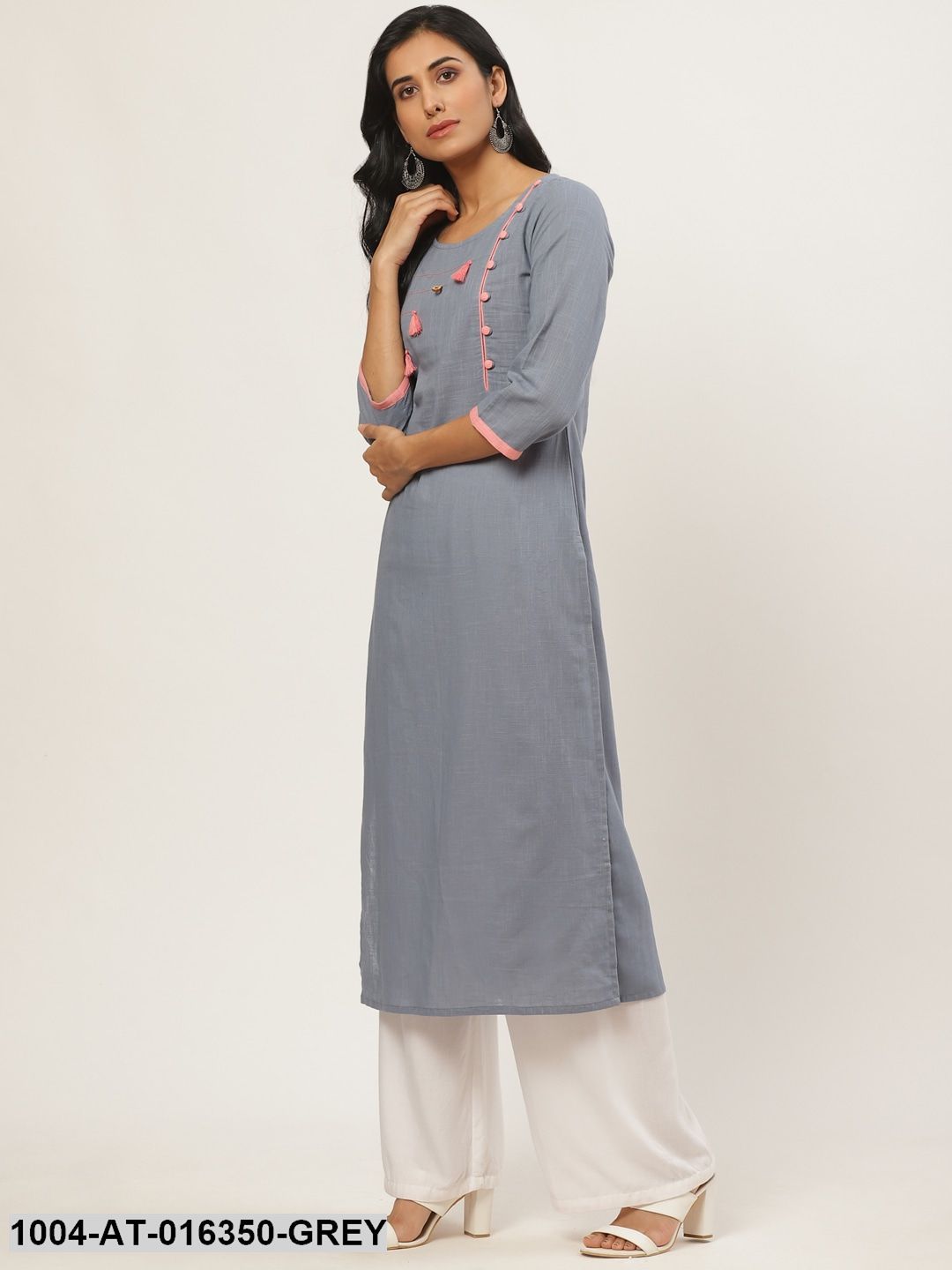 Grey Three-Quarter Sleeves Straight Solid Yoke Design Cotton Kurta