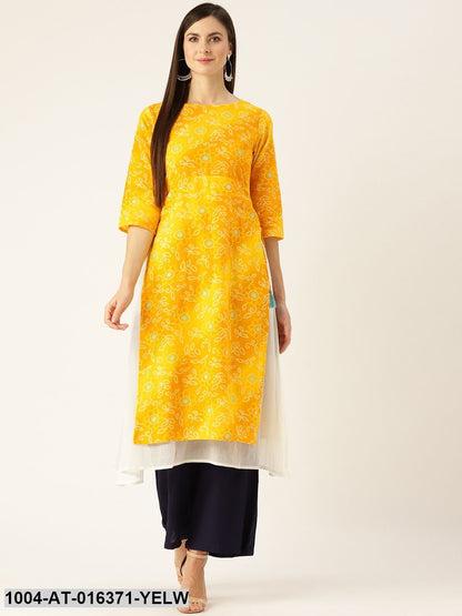 Yellow Three-Quarter Sleeves A-Line Bandhani Printed Cotton Kurta