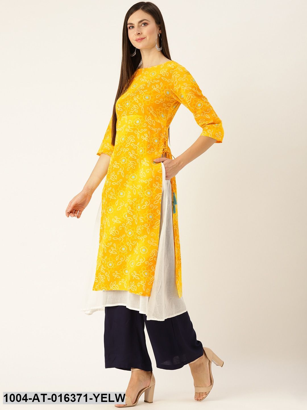 Yellow Three-Quarter Sleeves A-Line Bandhani Printed Cotton Kurta