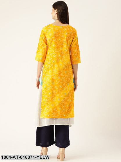 Yellow Three-Quarter Sleeves A-Line Bandhani Printed Cotton Kurta