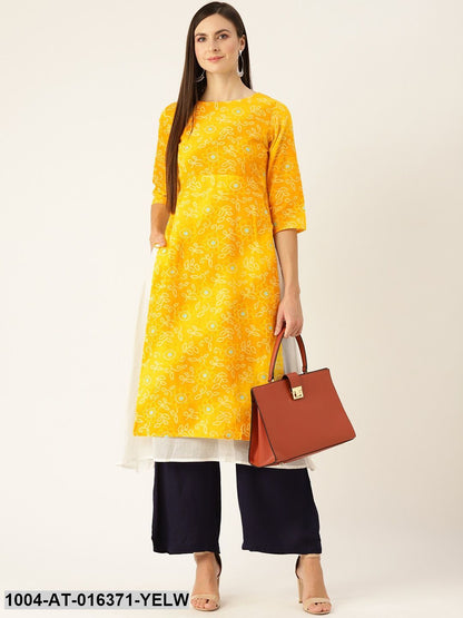 Yellow Three-Quarter Sleeves A-Line Bandhani Printed Cotton Kurta