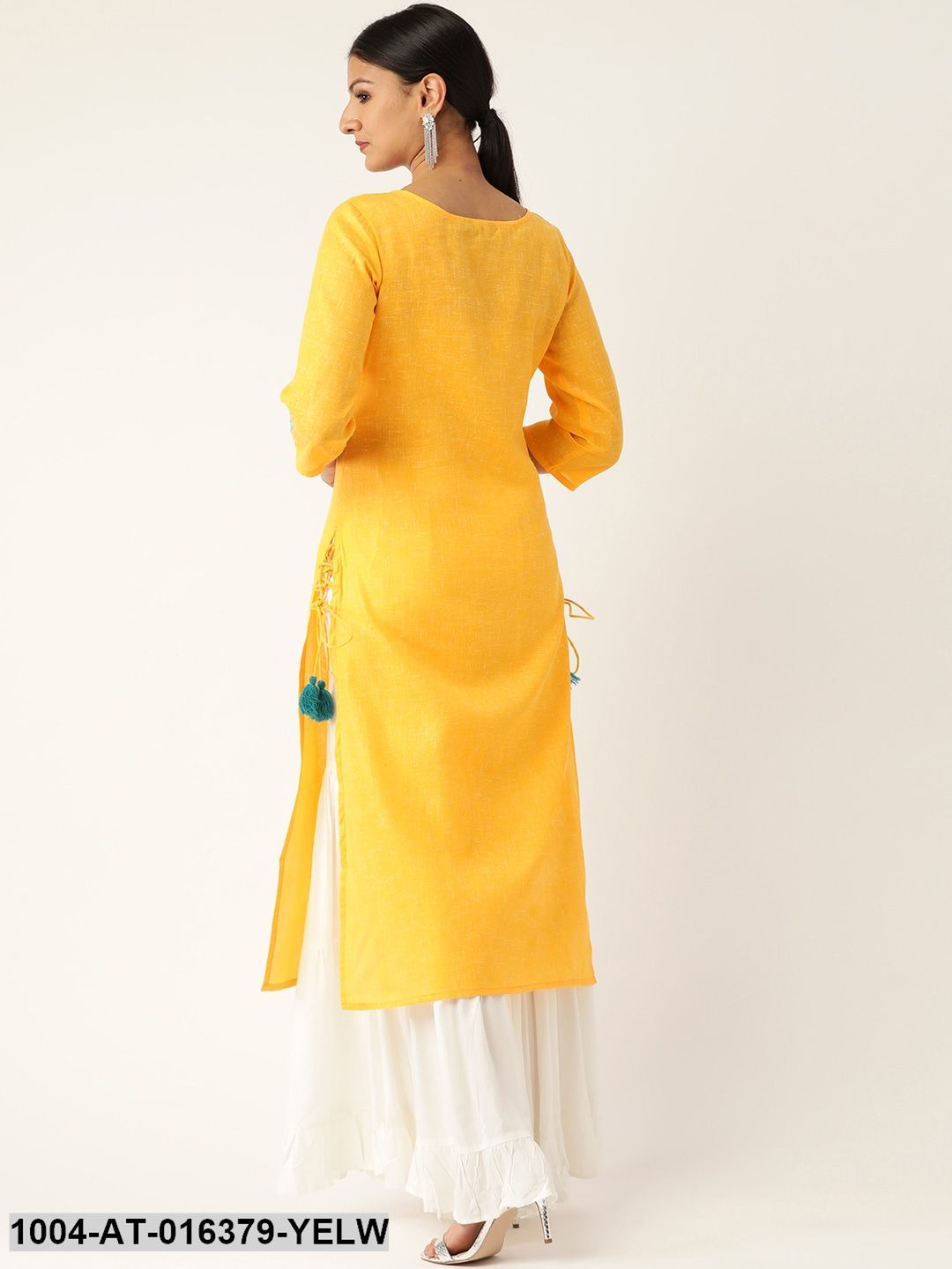 Yellow Three-Quarter Sleeves Straight Solid Embroidered Cotton Kurta