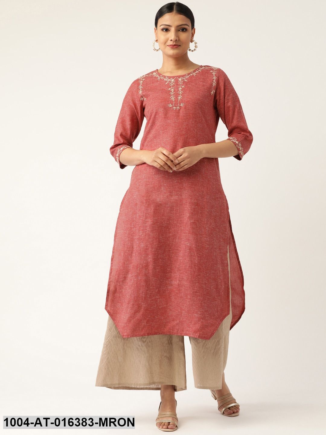 Maroon Three-Quarter Sleeves Straight Solid Embroidered Cotton Kurta