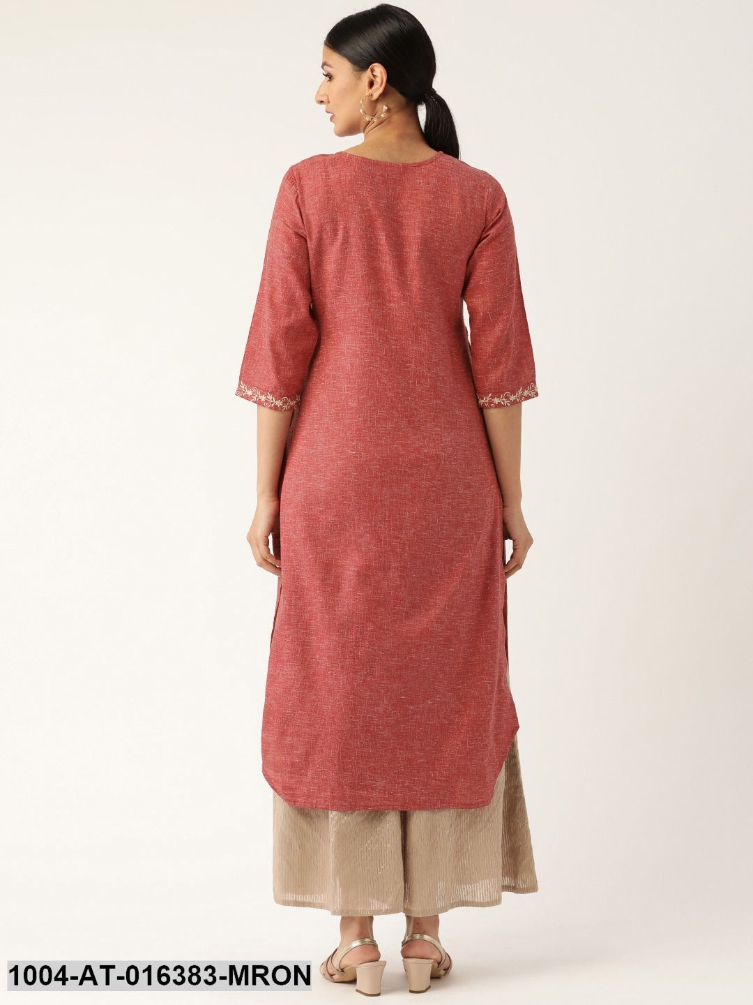 Maroon Three-Quarter Sleeves Straight Solid Embroidered Cotton Kurta