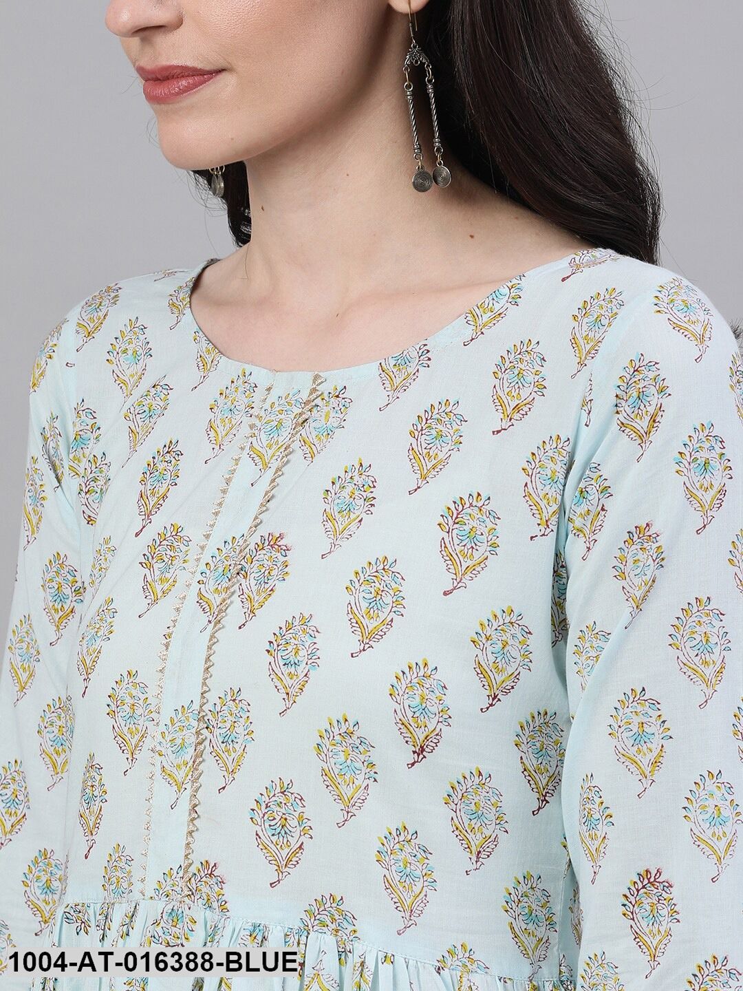 Powder Blue Three-Quarter Sleeves A-Line Ethnic Motifs Printed Cotton Kurta