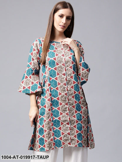 Taupe & Teal Blue Printed A-Line Kurta