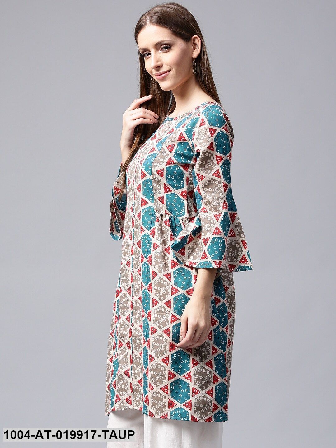 Taupe & Teal Blue Printed A-Line Kurta