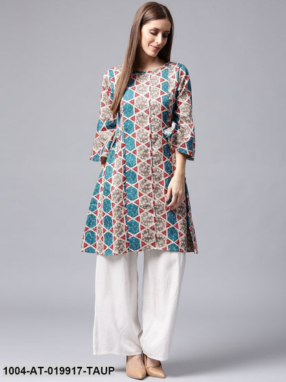 Taupe & Teal Blue Printed A-Line Kurta