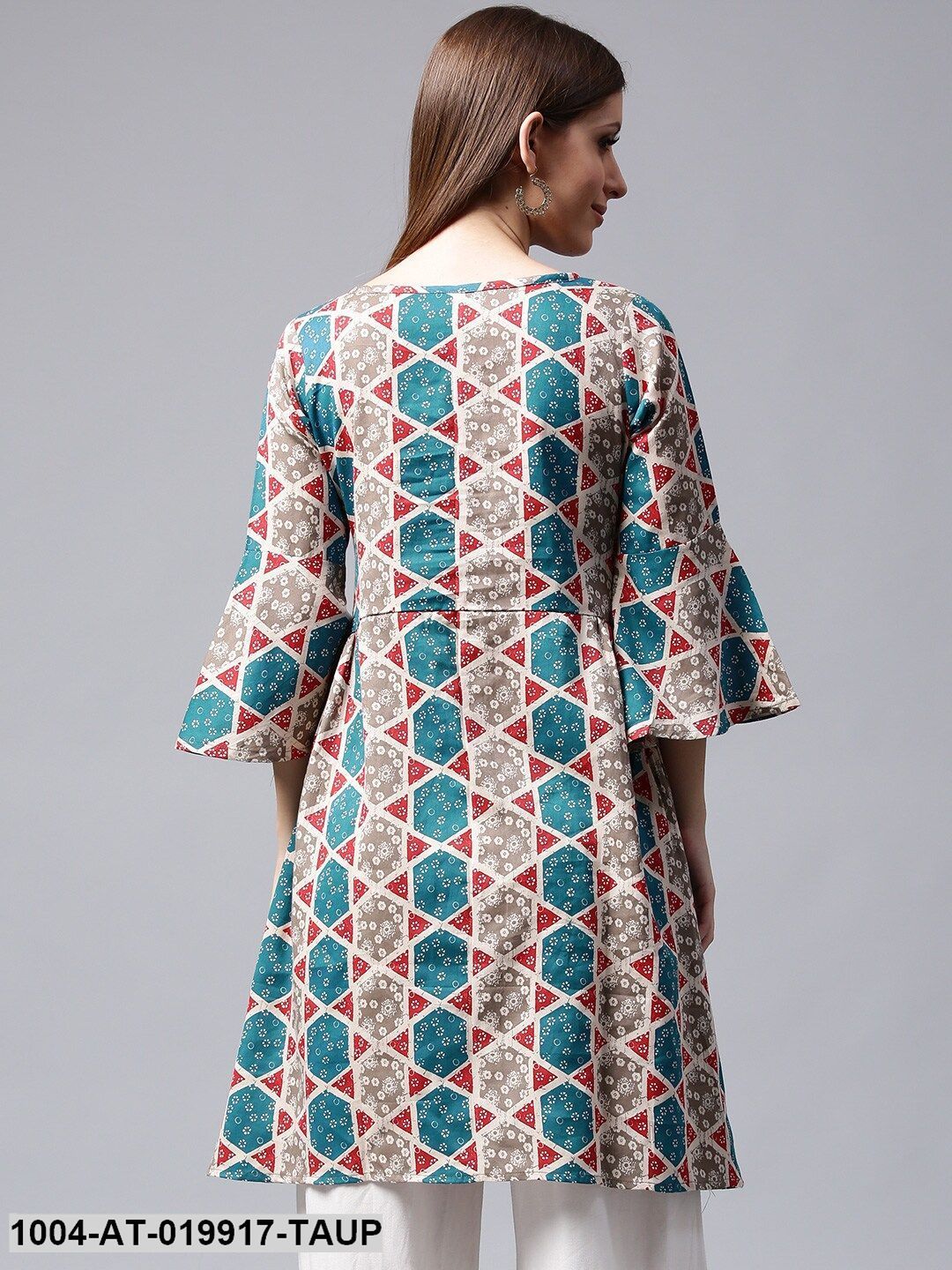 Taupe & Teal Blue Printed A-Line Kurta