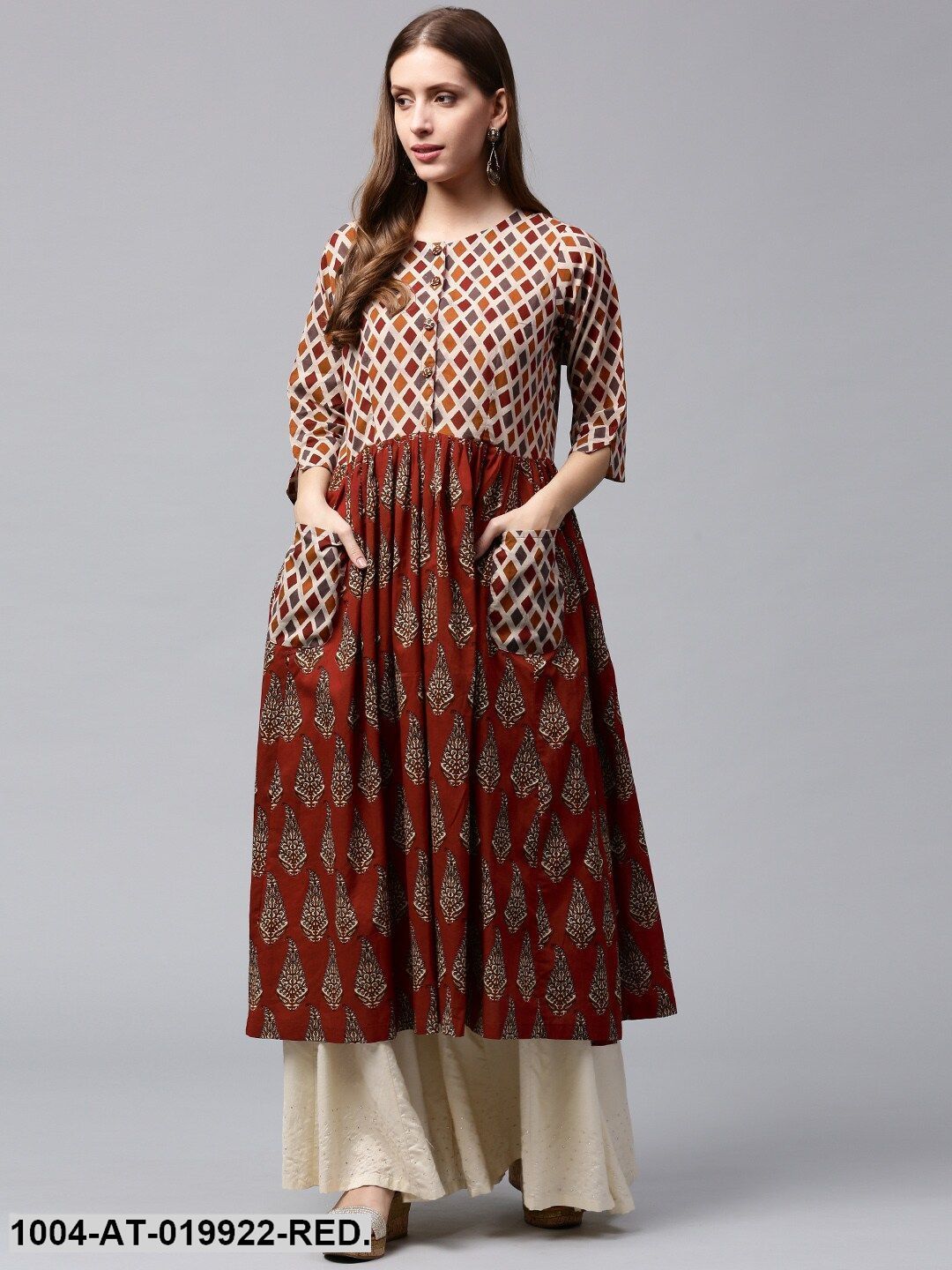 Red & Beige Printed Anarkali Kurta