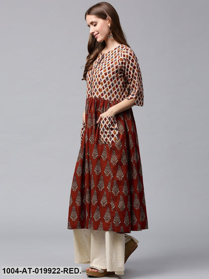 Red & Beige Printed Anarkali Kurta