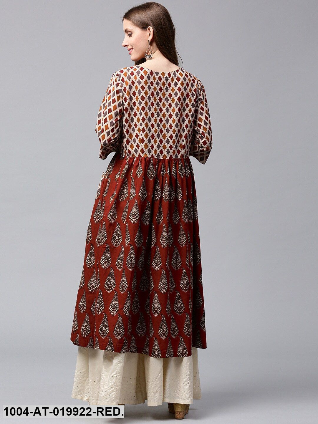 Red & Beige Printed Anarkali Kurta