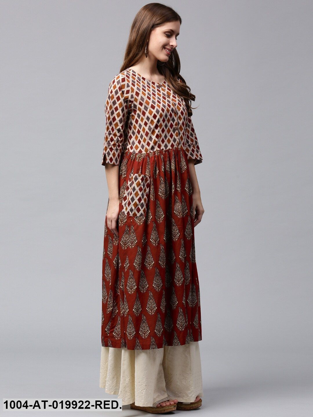 Red & Beige Printed Anarkali Kurta