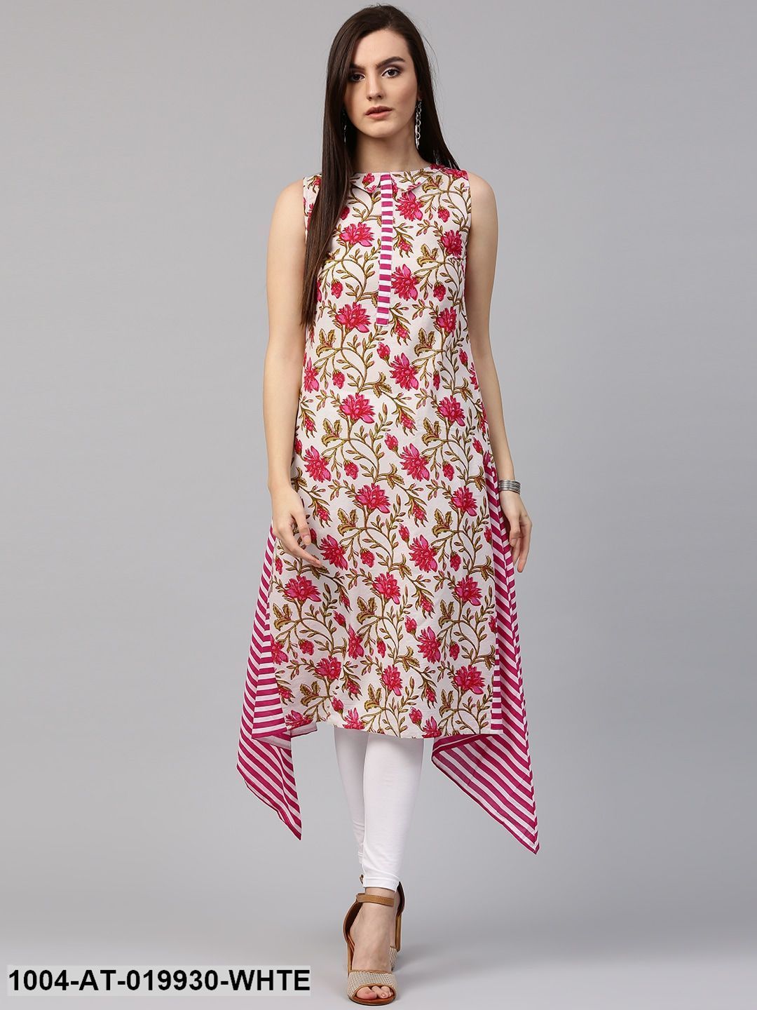 White & Pink Floral Print A-Line Kurta