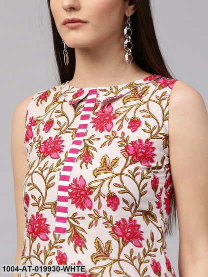 White & Pink Floral Print A-Line Kurta