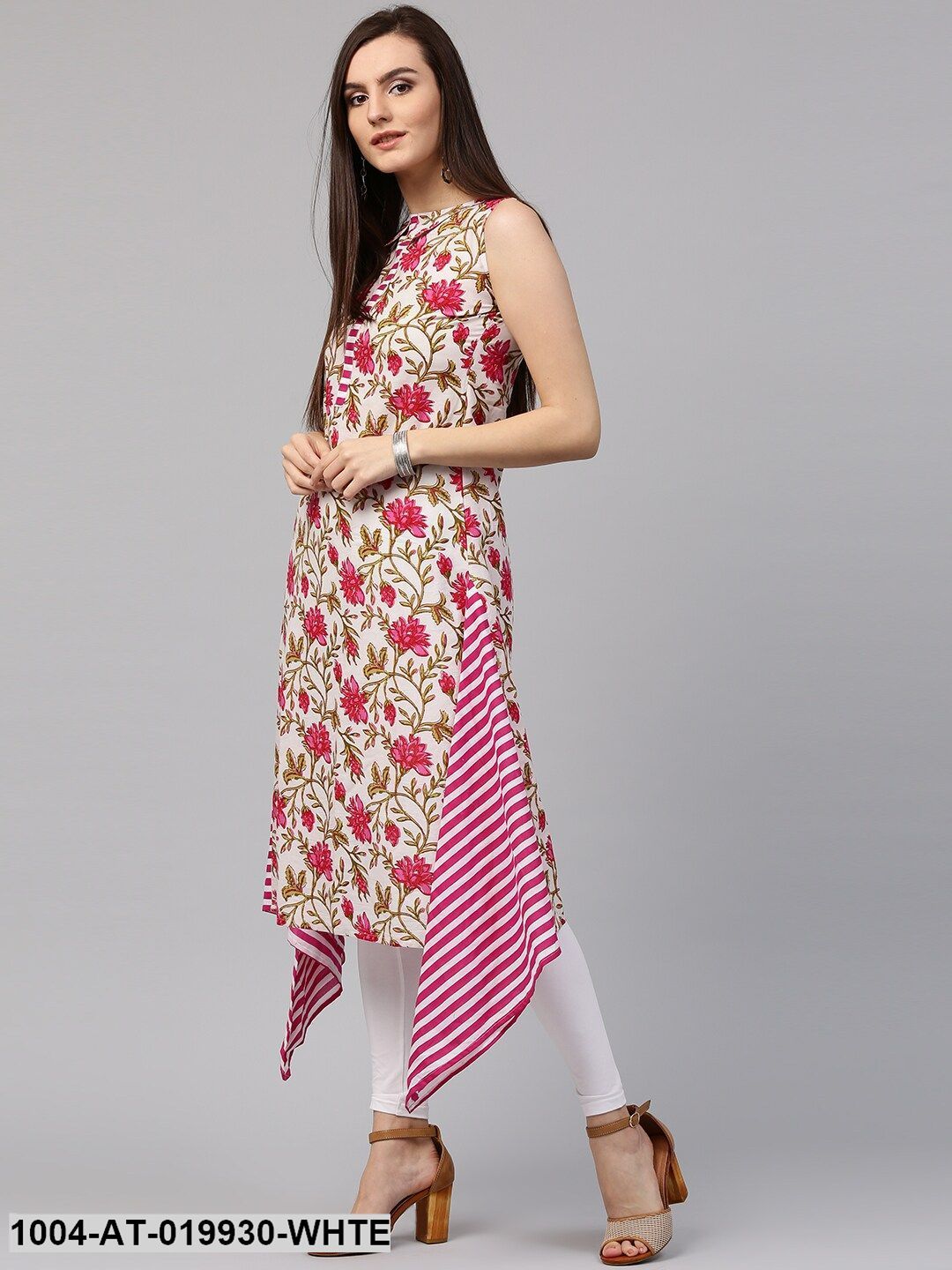 White & Pink Floral Print A-Line Kurta