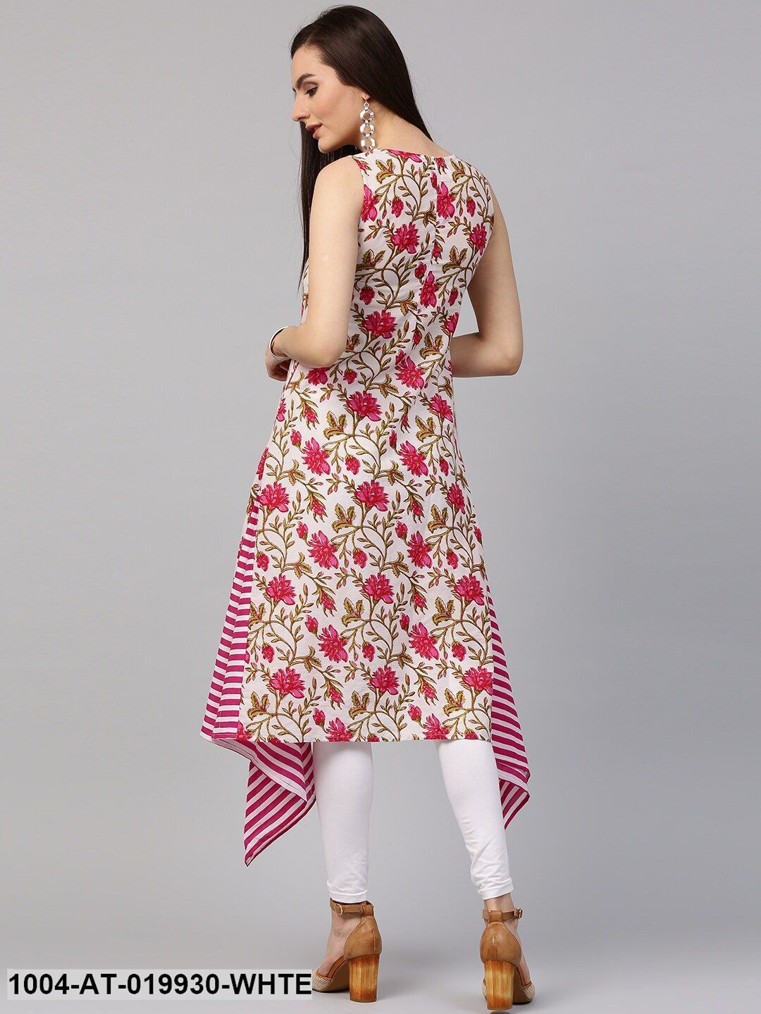 White & Pink Floral Print A-Line Kurta