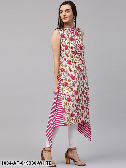 White & Pink Floral Print A-Line Kurta