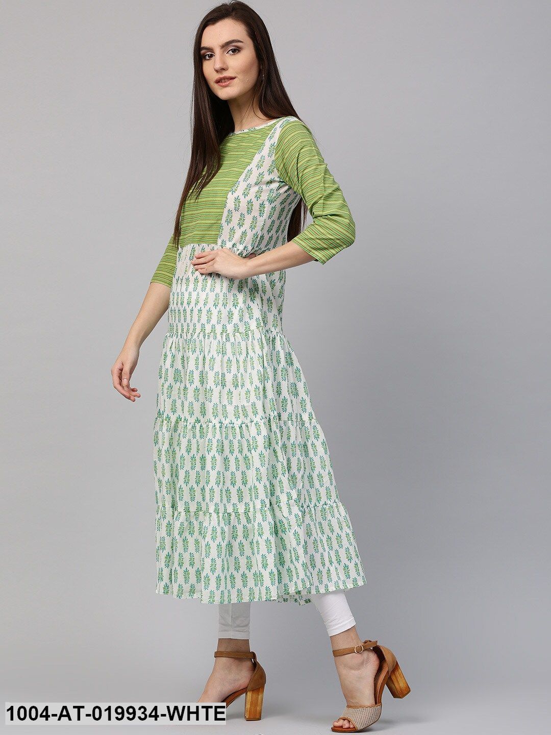 White & Green Printed A-Line Kurta