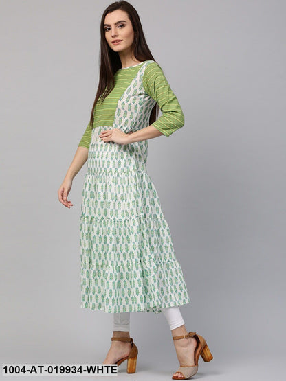 White & Green Printed A-Line Kurta