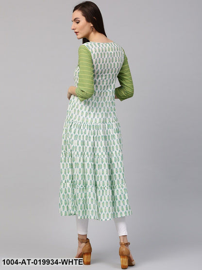 White & Green Printed A-Line Kurta