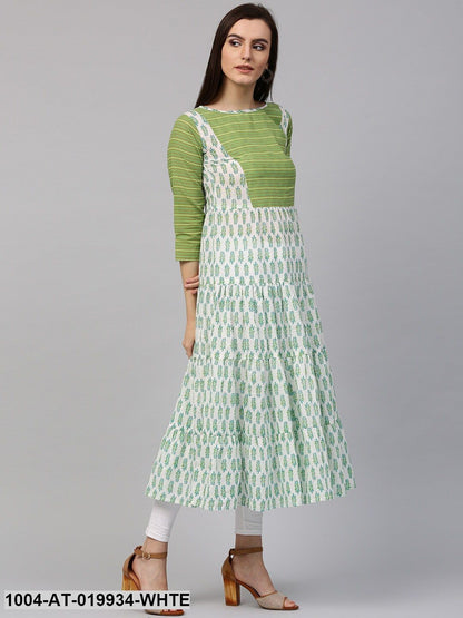 White & Green Printed A-Line Kurta