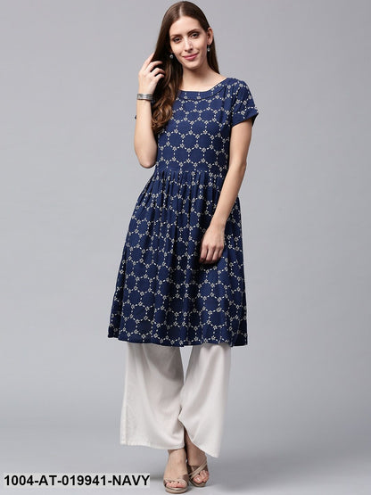 Navy Blue & White Printed A-Line Kurta