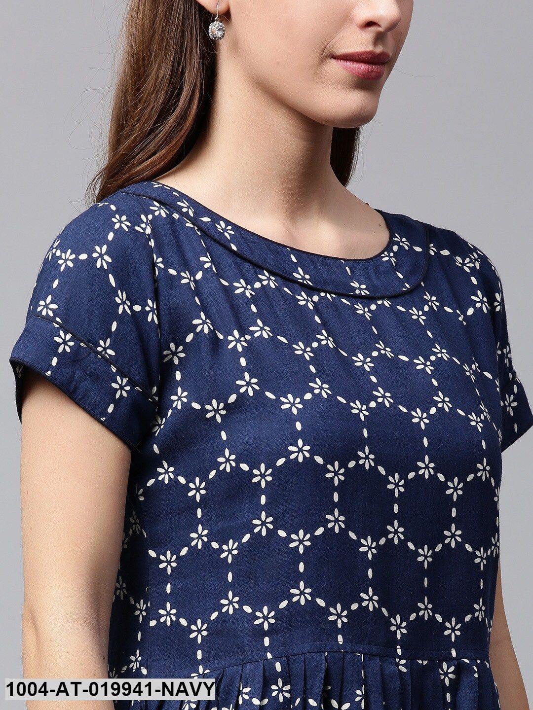 Navy Blue & White Printed A-Line Kurta