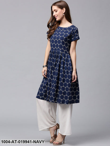 Navy Blue & White Printed A-Line Kurta