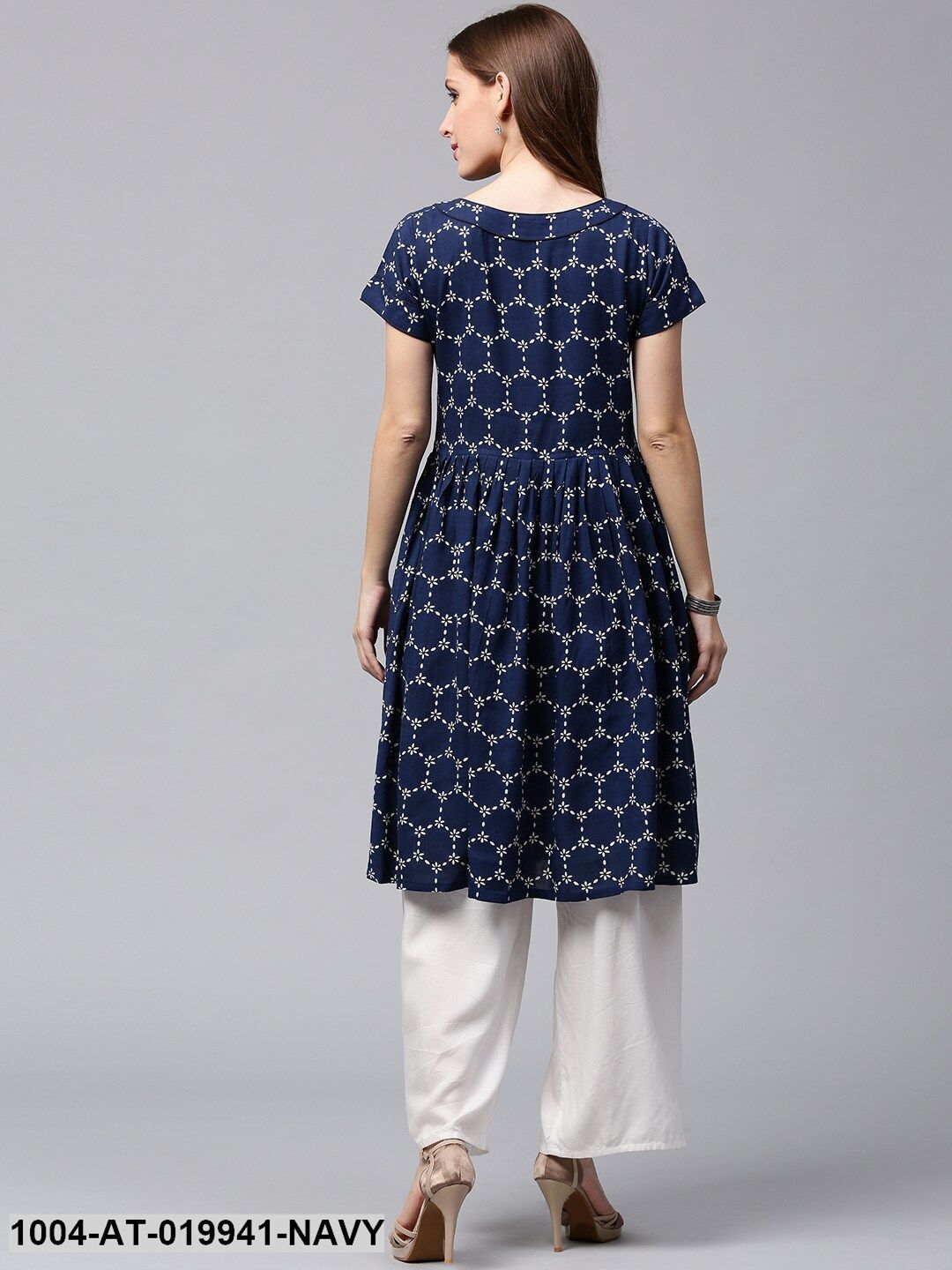 Navy Blue & White Printed A-Line Kurta