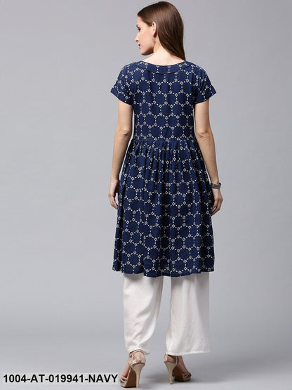 Navy Blue & White Printed A-Line Kurta