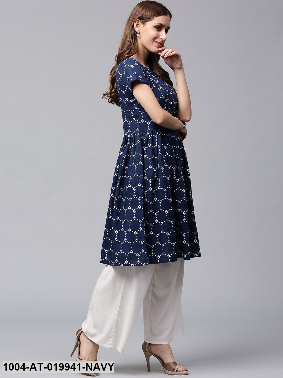 Navy Blue & White Printed A-Line Kurta