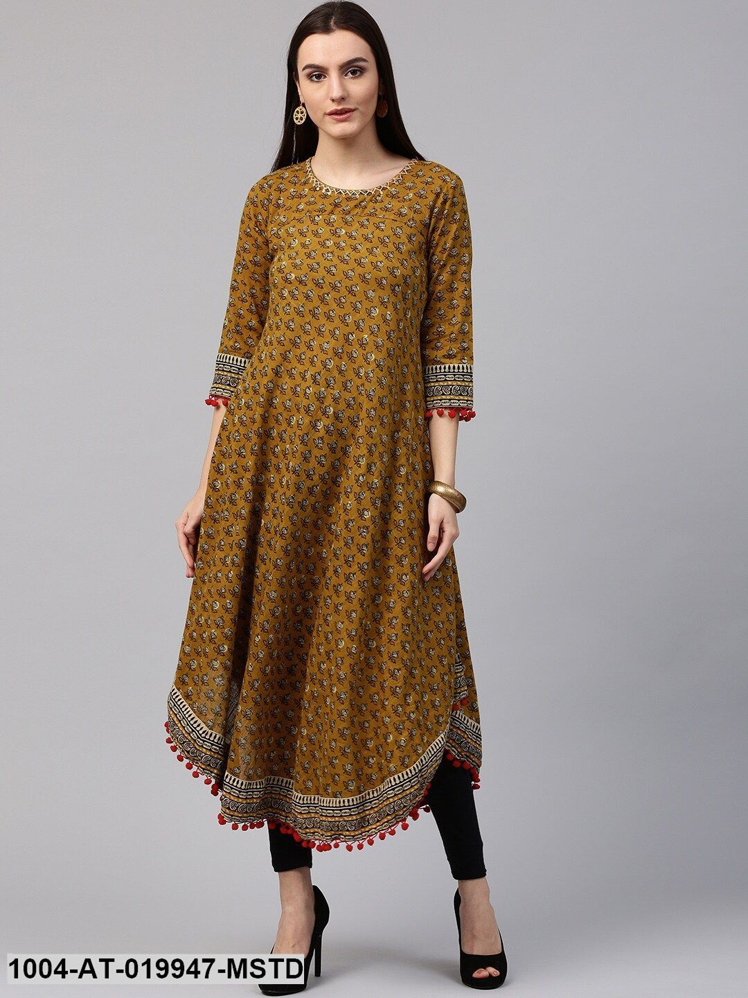 Mustard Yellow Printed A-Line Kurta