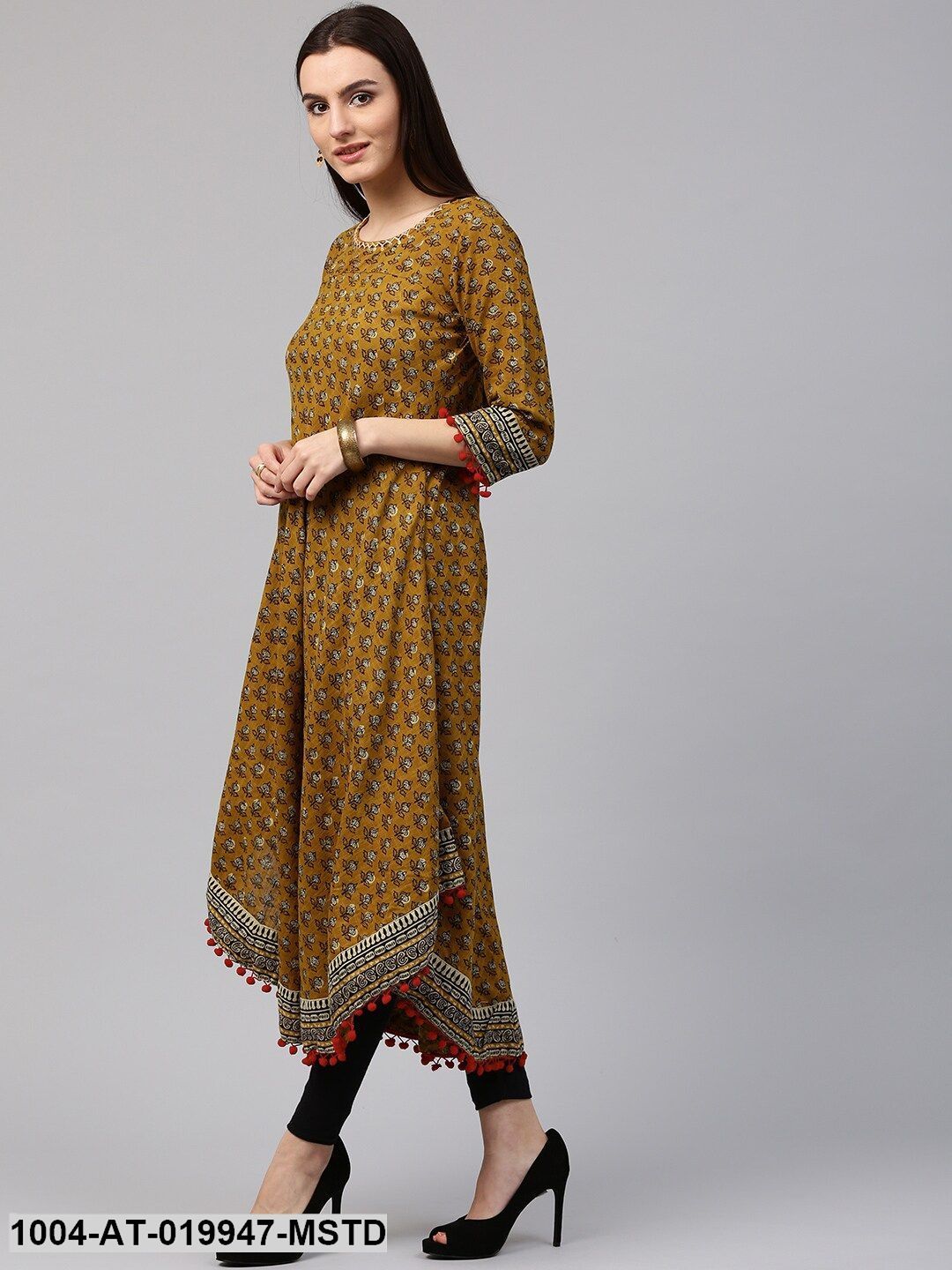 Mustard Yellow Printed A-Line Kurta