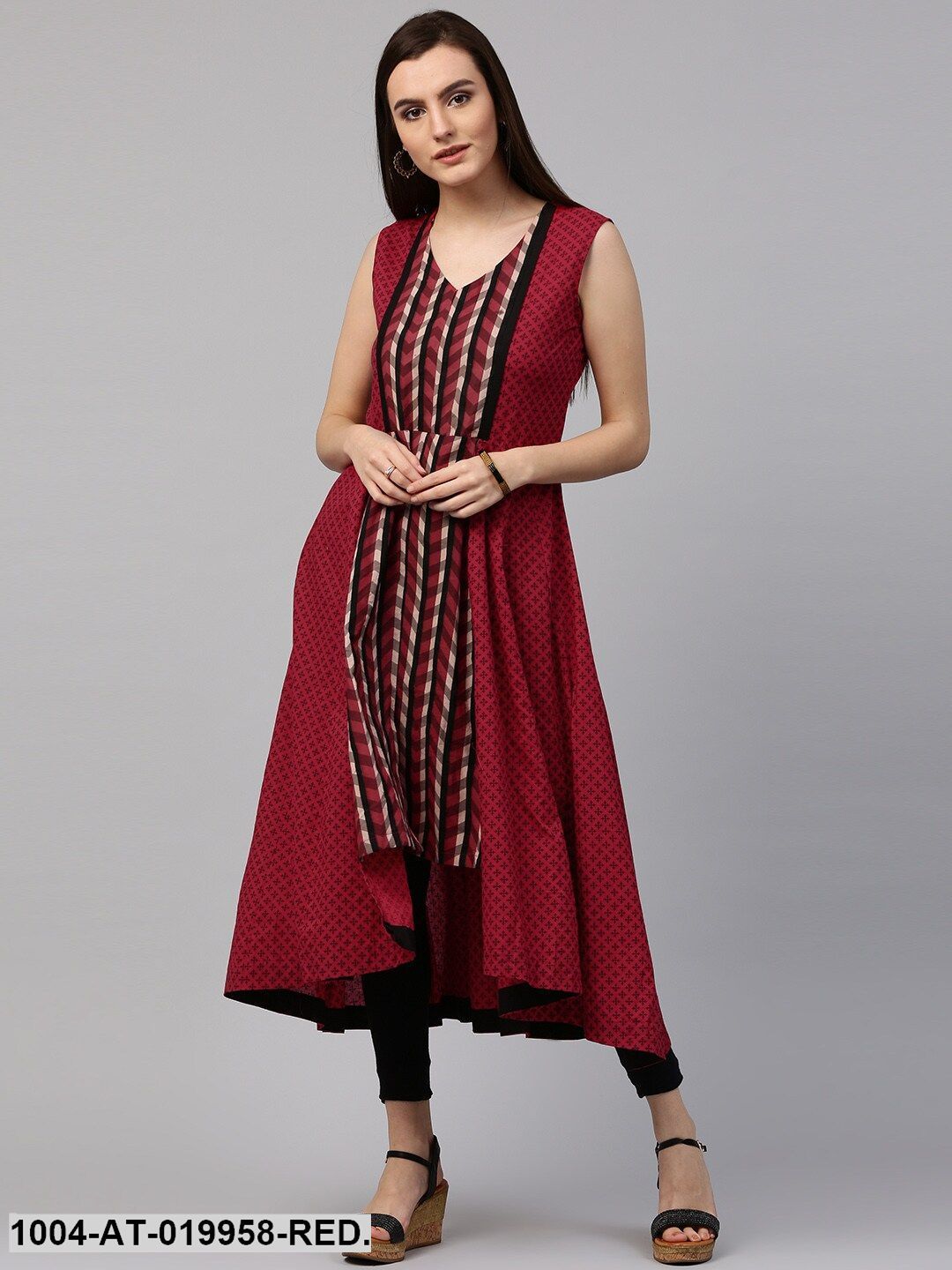 Red & Black Printed Anarkali Kurta