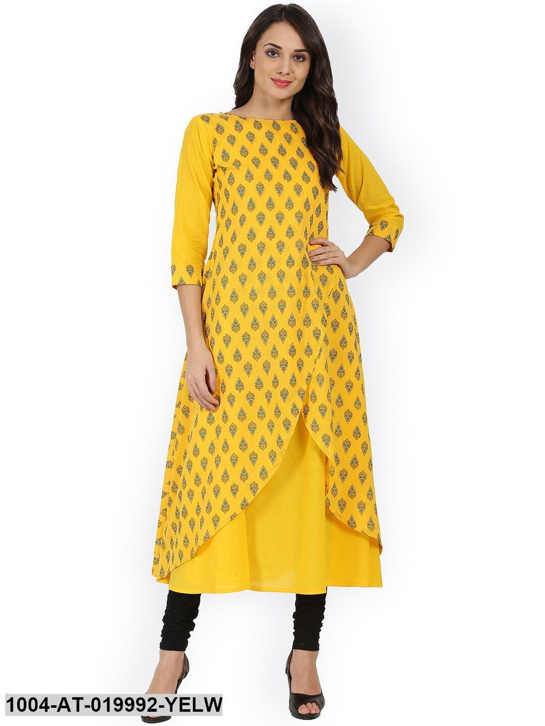 Yellow Printed A-Line Kurta