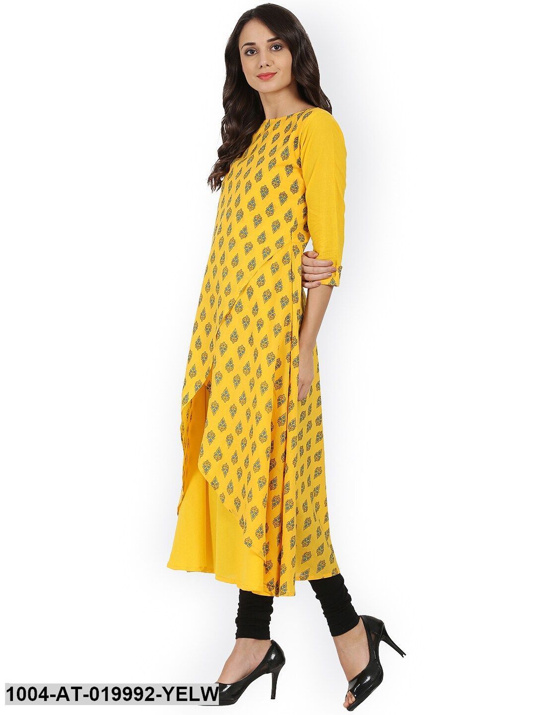 Yellow Printed A-Line Kurta