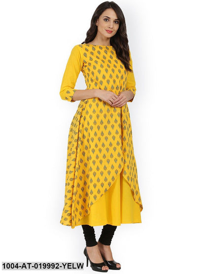 Yellow Printed A-Line Kurta