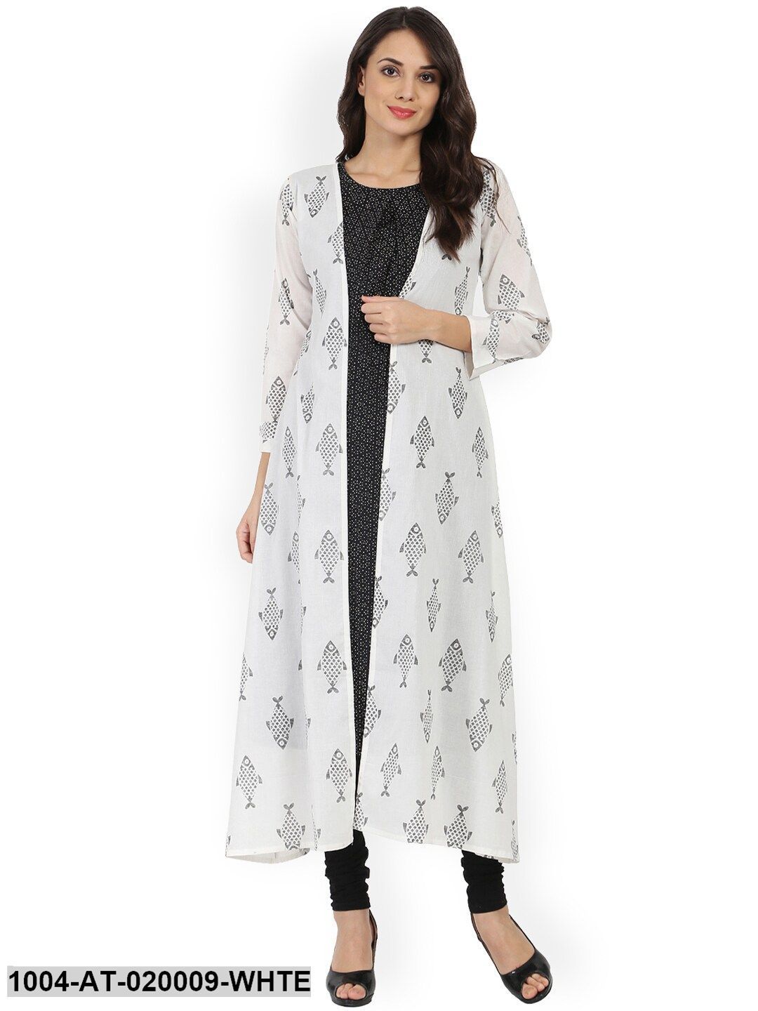 White & Black Printed A-Line Kurta